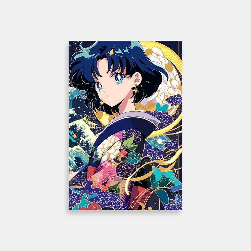 Ami Mizuno Sailor Moon Art Print - Dark Hair Character with Fan