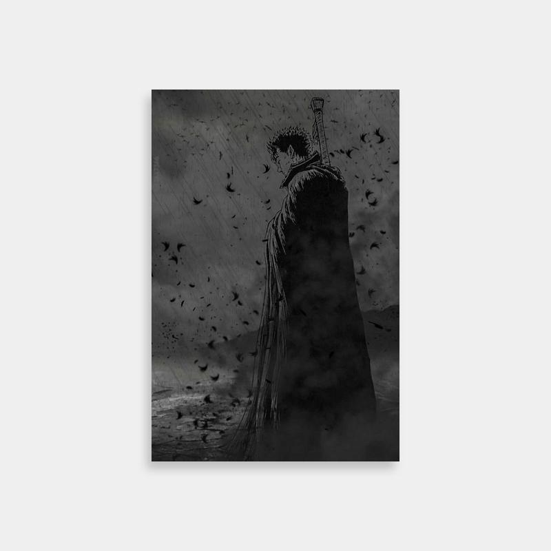 Guts Berserk Poster - Black & White Umbrella Rain Scene